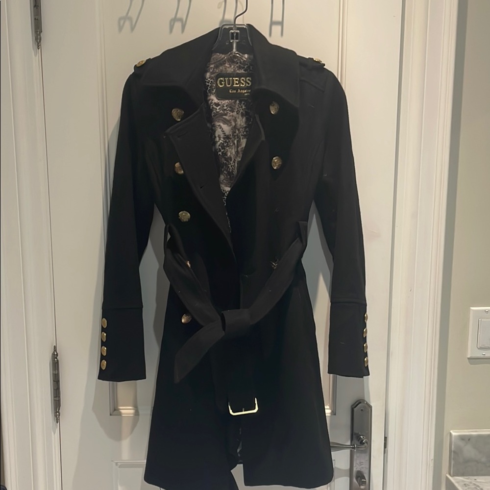 Guess Black Trench Coat with Gold Buttons
